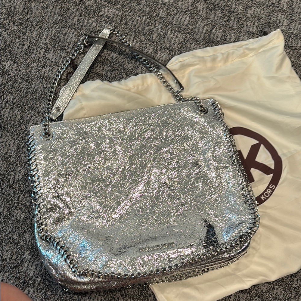Michael Kors Silver Shoulder Bag with Chain Detailing